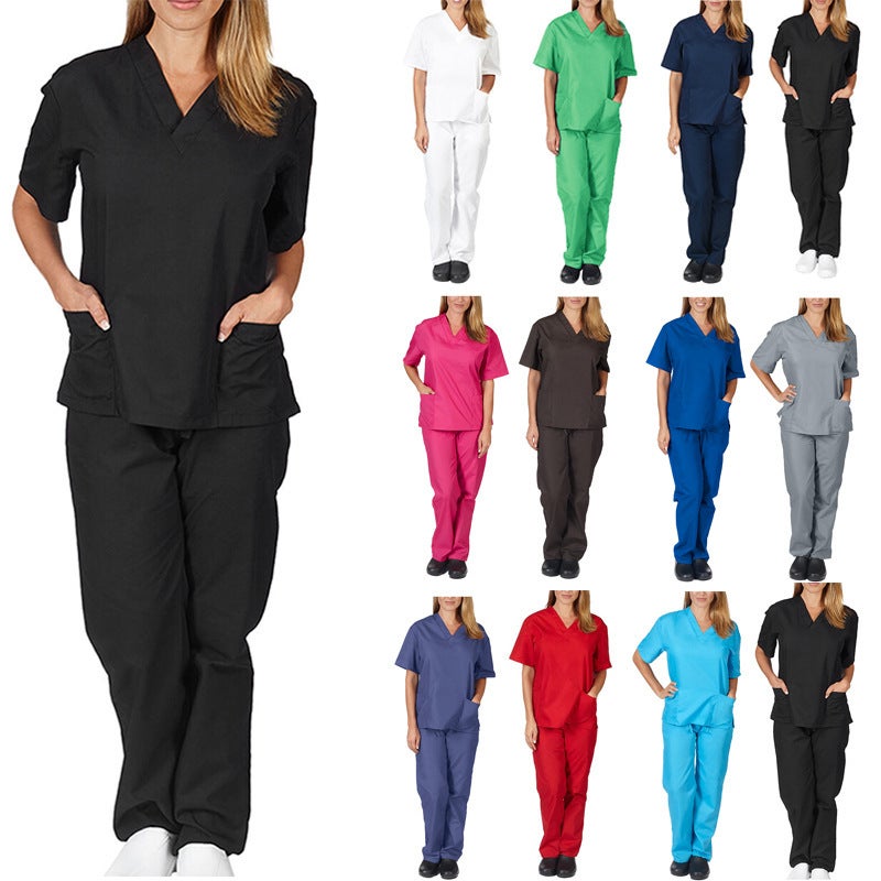 New Style Solid Color Pocket V-Neck Nursing Work Uniform Nurse Clothes Two-Piece Set Suit Women - Image 2
